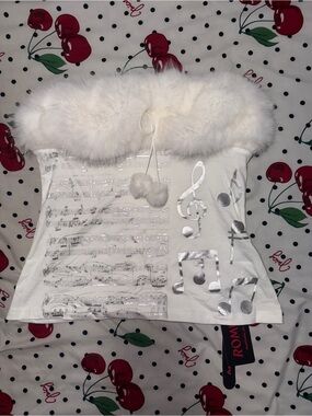 White Musical Note Fur-Trim Top